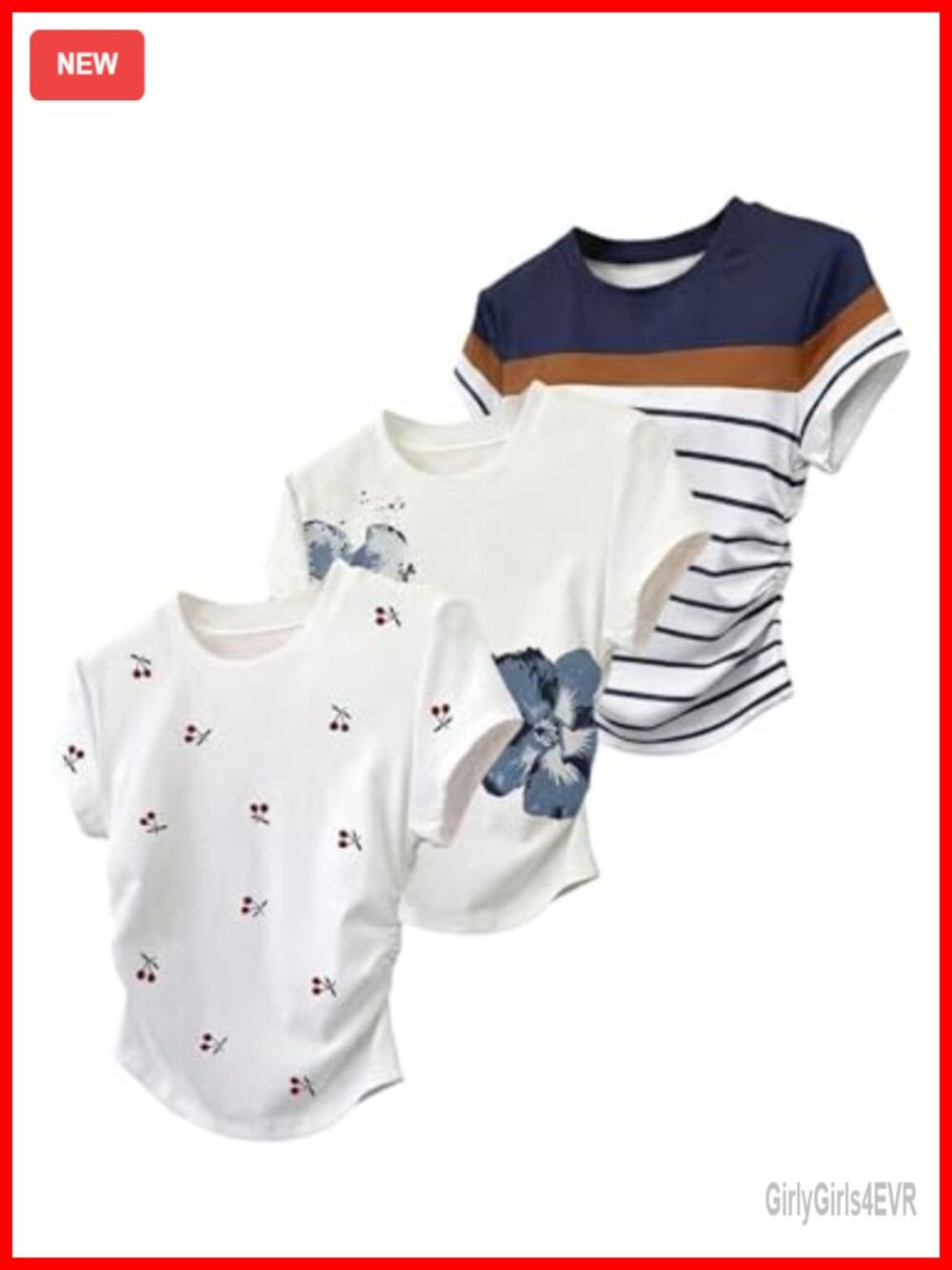 3 Pack Womens T Shirts Set Cherry Floral Striped Graphic Tees